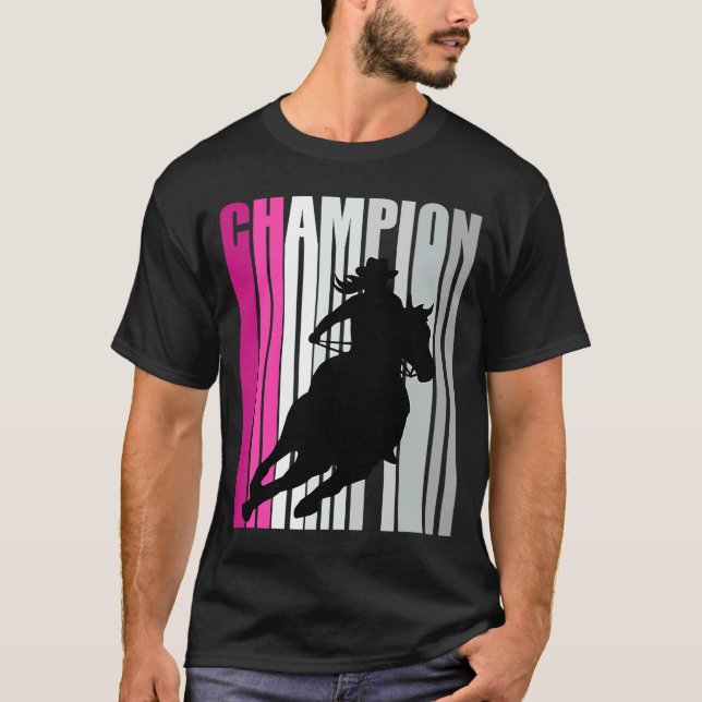 Barrel Racing Champion Horse Riding Pink Retro Cow T-Shirt (Front)