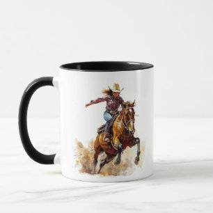 Barrel racing girl and horse in competition. mug