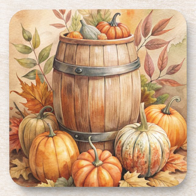Barrel with Pumpkins Fall Coaster (Front)