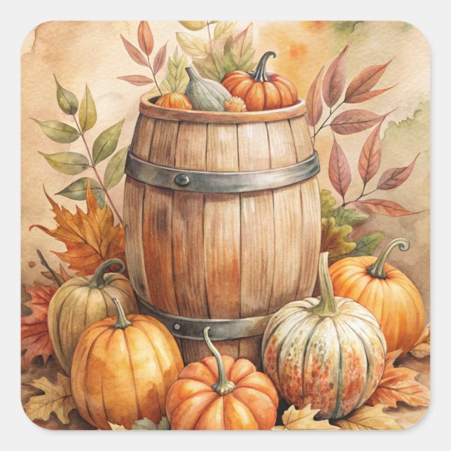 Barrel with Pumpkins Fall Square Sticker (Front)