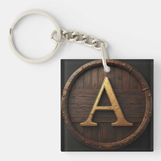 Barrel Wood Monogram A Initial Badge Frame 🔑 Key Ring