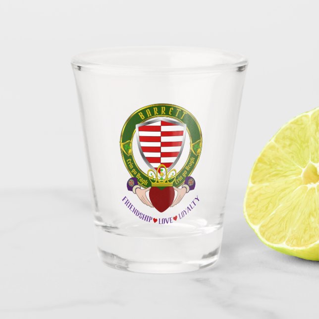 Barrett Irish Shield & Claddagh Shot Glass (Front)