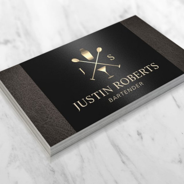 Bartender Bar Club Elegant Leather Black Bottle Business Card (Creator Uploaded)