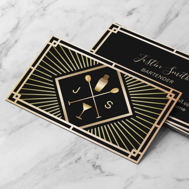 Bartender Bar Club Modern Gold Art Deco Business Card (Creator Uploaded)