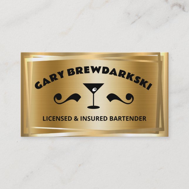 bartender drinks olive martini glass faux gold business card (Front)