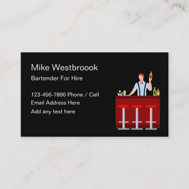 Bartender For Hire Modern Design Business Card (Front)