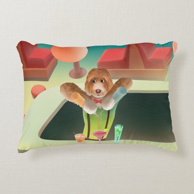 Bartending Dog in Retro Bar Decorative Cushion (Front)