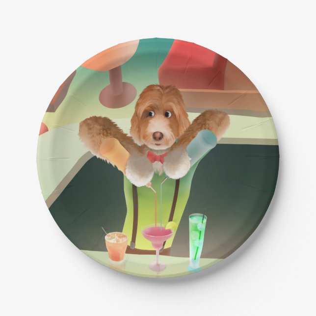 Bartending Dog in Retro Bar Paper Plate (Front)