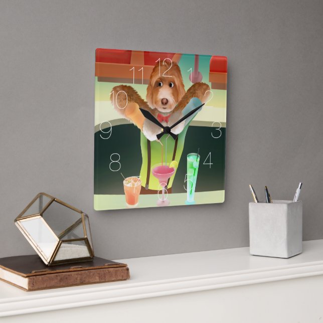 Bartending Dog in Retro Bar Square Wall Clock (Office)