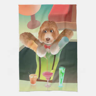 Bartending Dog in Retro Bar Tea Towel