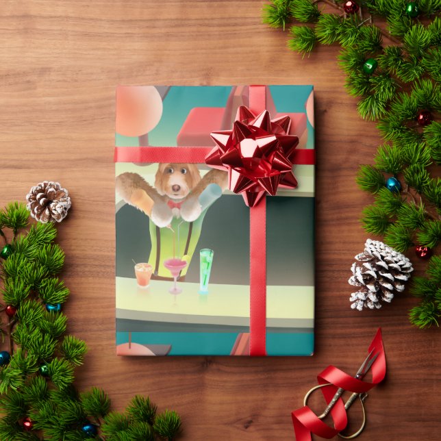 Bartending Dog in Retro Bar Wrapping Paper (Holiday Gift)