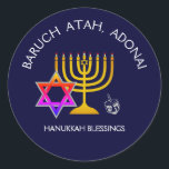 BARUCH ATAH ADONAI | Hanukkah Blessings Classic Round Sticker<br><div class="desc">Stylish, modern HANUKKAH stickers. Design shows a gold coloured MENORAH with multicolored STAR OF DAVID and silver grey DREIDEL. At the top there is curved text which says BARUCH ATAH, ADONAI (Blessed are You, O God) and underneath the text reads HANUKKAH BLESSINGS. ALL TEXT IS CUSTOMIZABLE, so you can personalise...</div>