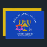 BARUCH ATAH ADONAI | Hanukkah Blessings Holiday Card<br><div class="desc">Stylish, elegant ornament for your HANUKKAH decor. Design shows a gold coloured MENORAH with multicolored STAR OF DAVID and silver grey DREIDEL. At the top there is curved text which says BARUCH ATAH, ADONAI (Blessed are You, O God) and underneath the text reads HANUKKAH BLESSINGS FROM OUR HOME TO YOURS....</div>