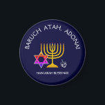 BARUCH ATAH ADONAI | Hanukkah Blessings Magnet<br><div class="desc">Stylish, elegant HANUKKAH BLESSINGS Magnet. Design shows a gold coloured MENORAH with multicolored STAR OF DAVID and silver grey DREIDEL. At the top there is curved text which says BARUCH ATAH, ADONAI (Blessed are You, O God) and underneath the text reads HANUKKAH BLESSINGS. ALL TEXT IS CUSTOMIZABLE, so you can...</div>