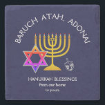 BARUCH ATAH ADONAI | Hanukkah Blessings Stone Coaster<br><div class="desc">Stylish, elegant Stone Coaster for your HANUKKAH table decor. Design shows a gold coloured MENORAH with multicolored STAR OF DAVID and silver grey DREIDEL. At the top there is curved text which says BARUCH ATAH, ADONAI (Blessed are You, O God) and underneath the text reads HANUKKAH BLESSINGS FROM OUR HOME...</div>
