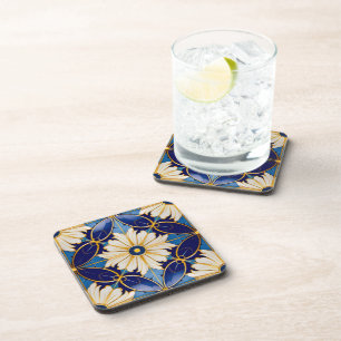 Barware Dining Art Deco Deep Blue Gold Floral Coaster