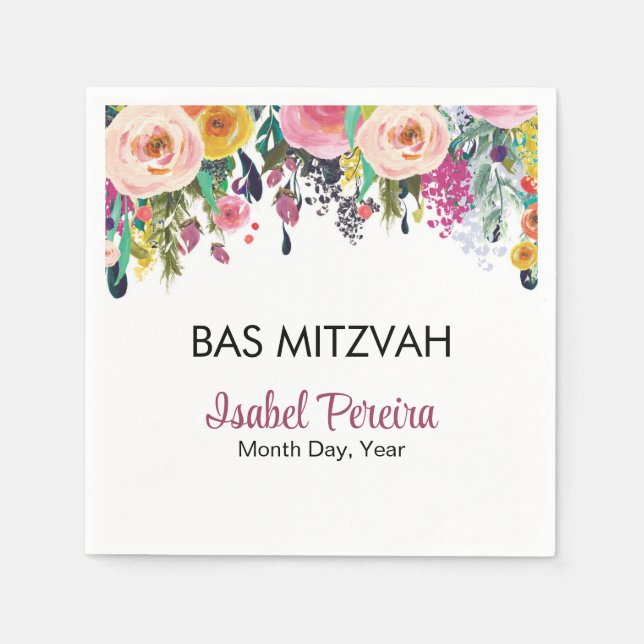 Bas Mitzvah Floral Napkins Personalised (Front)