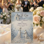 Bas Relief Neoclassical Chapel Romance Save The Date<br><div class="desc">Announce your formal engagement with a romantic, neoclassical aesthetic featuring a dusty blue and cream palette and elegant formal calligraphy.This design relies on a structured hierarchy of classic serif and formal calligraphy, maintaining a clean visual layout with balanced spacing. The artwork illustrates a highly detailed digital bas-relief effect of a...</div>