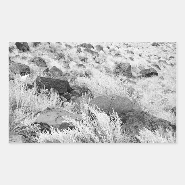 Basalt Lava Rocks in Desert, Black and White Photo Rectangular Sticker (Front)