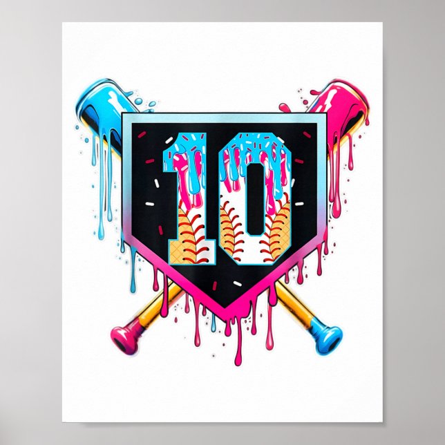 Baseball 10 year old boy ice cream drip 10th poster (Front)