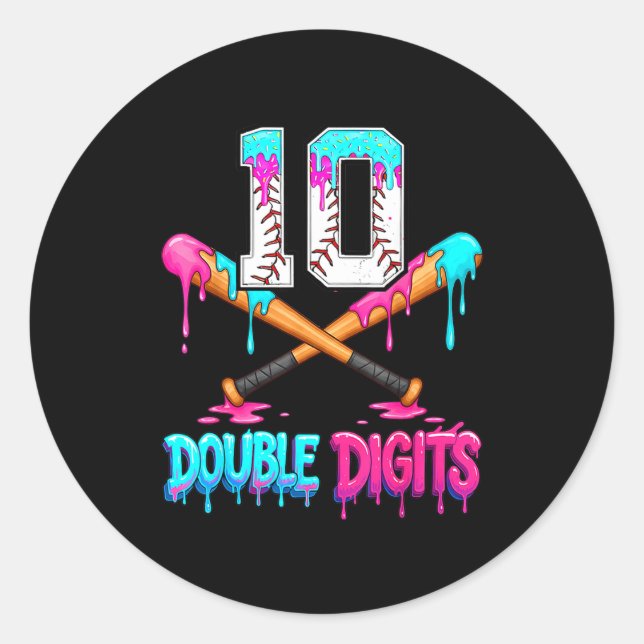 Baseball 10 Year Old Ice Cream Drip 10th Bday Doub Classic Round Sticker (Front)