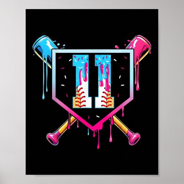 Baseball 11 Year Old Ice Cream Drip 11th Birthday  Poster (Front)