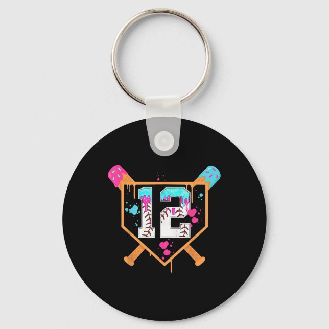 Baseball 12th Birthday Boy Ice Cream Drip 12 Year  Key Ring (Front)