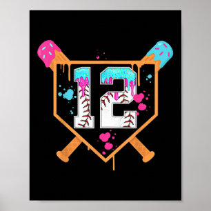 Baseball 12th Birthday Boy Ice Cream Drip 12 Year  Poster