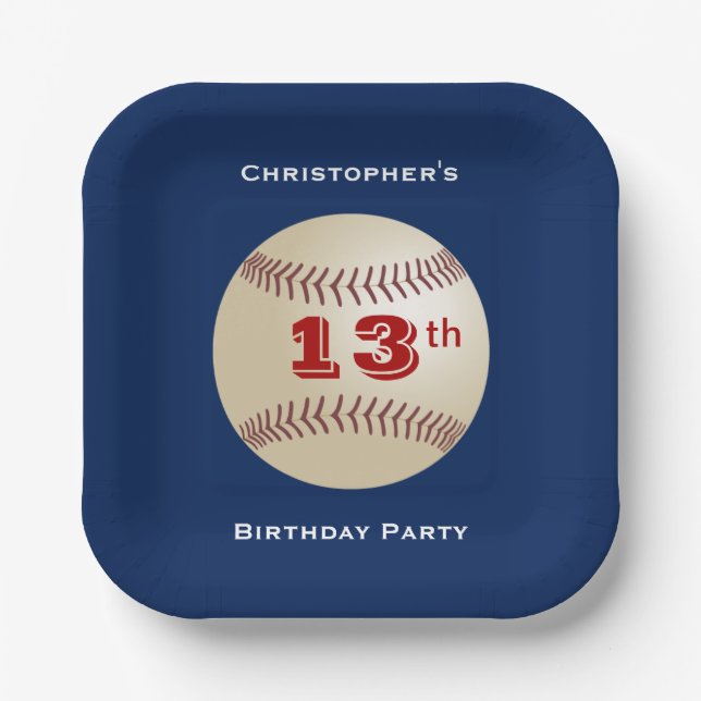 Baseball, 13th Birthday Party, Name, Square  Paper Plate (Front)