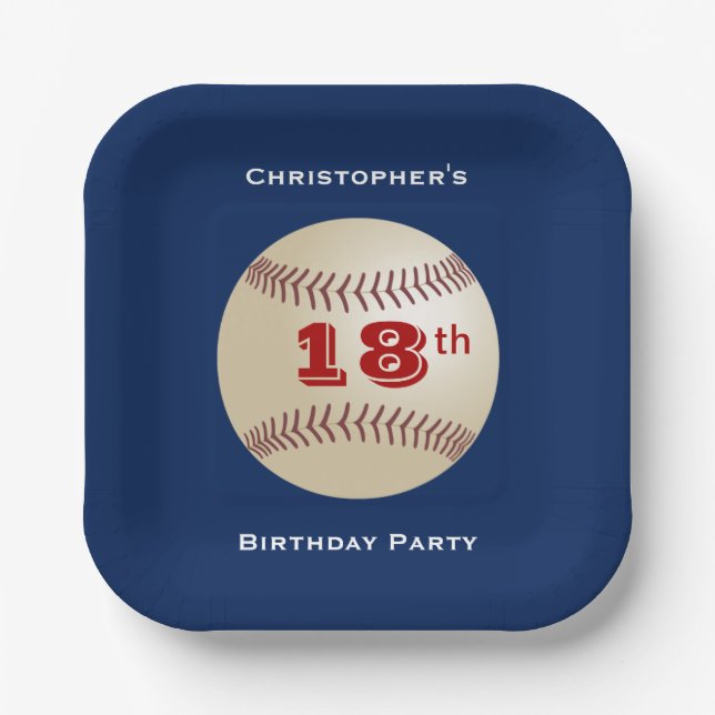 Baseball, 18th Birthday Party Blue Square Paper Plate (Front)