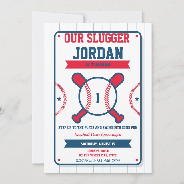 Baseball 1st Birthday Invitation–All-Star Slugger  Invitation (Front)