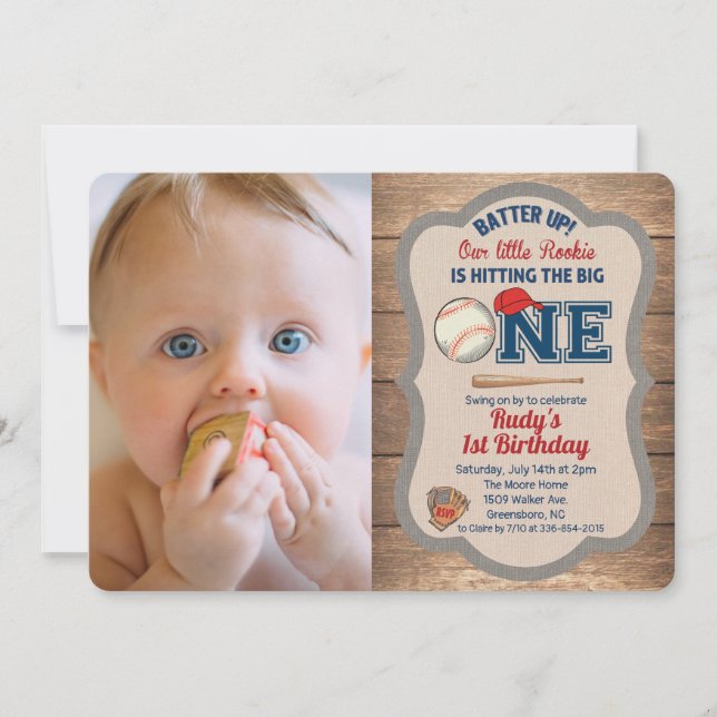 Baseball 1st Birthday Photo Invitation (Front)