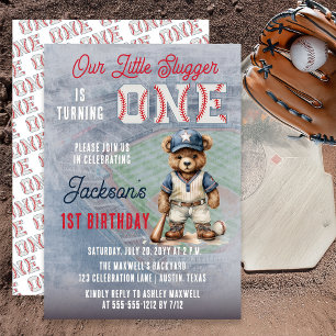 Baseball 1st Birthday Teddy Bear Little Slugger  Invitation