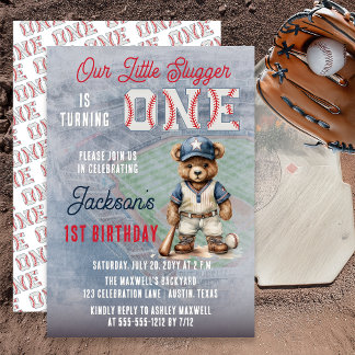 Baseball 1st Birthday Teddy Bear Little Slugger  Invitation