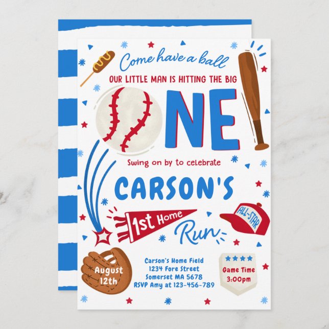 Baseball 1st Home Run Birthday Party Invitation (Front/Back)