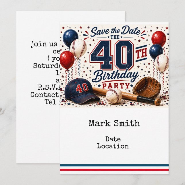 Baseball 40th Birthday Party  Invitation (Front/Back)