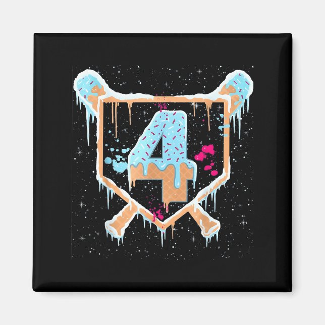 Baseball 4 Year Old Ice Cream Drip 4th Birthday Bo Magnet (Front)