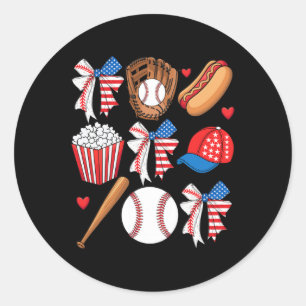 Baseball 4th Of July Coquette Bow Women Girls Base Classic Round Sticker