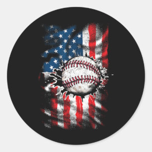 Baseball 4th Of July Usa American Flag Men Boys Classic Round Sticker