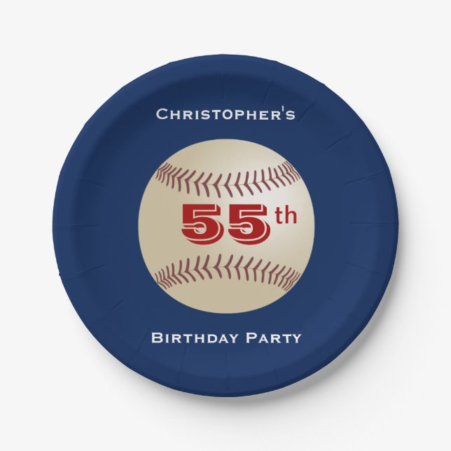 Baseball, 55th Birthday Party, Name, Blue Paper Plate (Front)