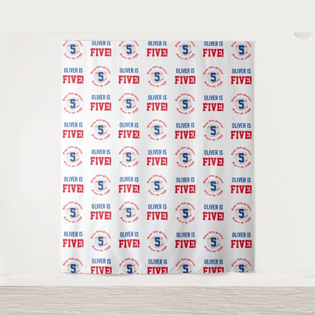 Baseball 5th Birthday Boys | Step Repeat Backdrop Tapestry (Front)