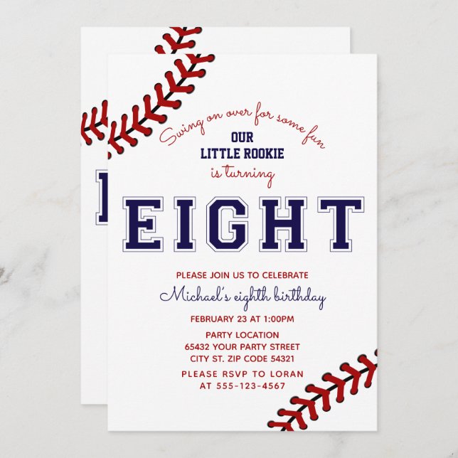 Baseball 8th Birthday Invitation (Front/Back)