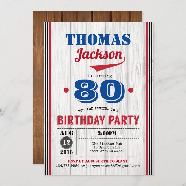 Baseball 90th birthday invitation. Rustic wood Invitation (Front/Back)