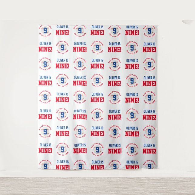 Baseball 9th Birthday Boys | Step Repeat Backdrop Tapestry (Front)
