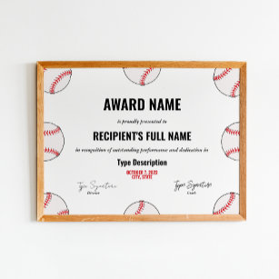 Baseball Achievement Award Certificate - Instant  Poster
