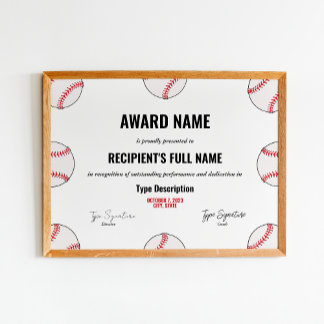 Baseball Achievement Award Certificate - Instant Poster