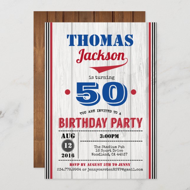 Baseball adult 50th birthday invitation. Rustic Invitation (Front/Back)