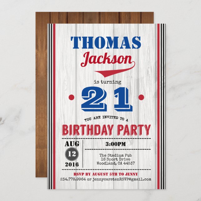 Baseball adult birthday invitation. Rustic wood Invitation (Front/Back)