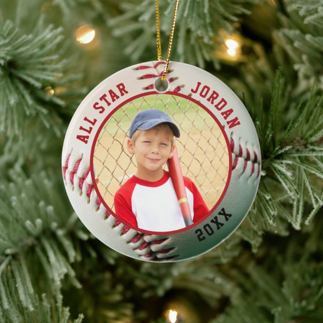 Baseball ALL STAR Name 2 Photo Personalised Ceramic Ornament (Tree)