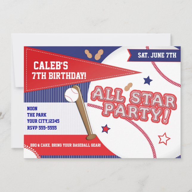 Baseball All Star Red White Blue Birthday Party Invitation (Front)